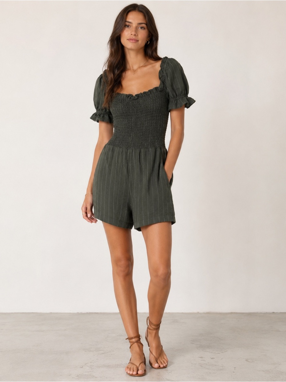 NEW Tularosa Olive Pinstripe Smocked Puff Short Sleeve Linen Claire Romper Sz XS